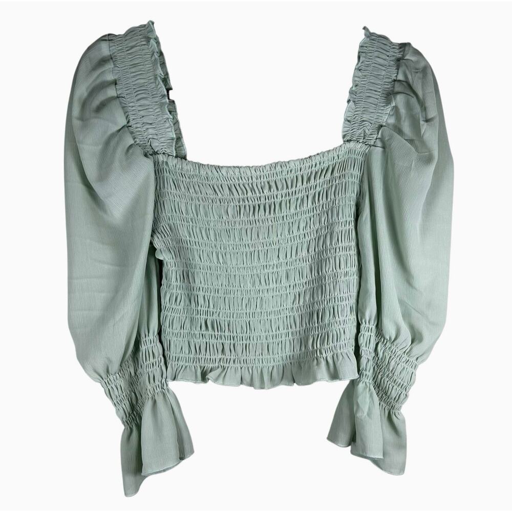 Women’s Squareneck Long Puff Sleeves Smocked Ruched Peasant Milkmaid Top Green